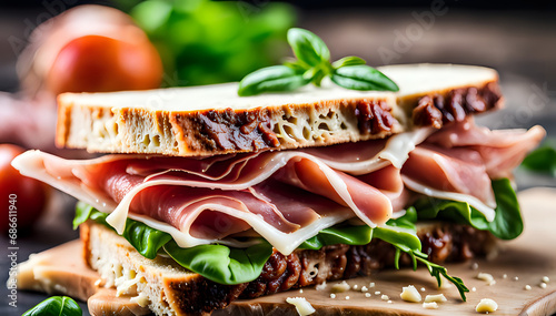 Tasty cured meats, italian prosciutto sandwich - set composition of food photography. photo