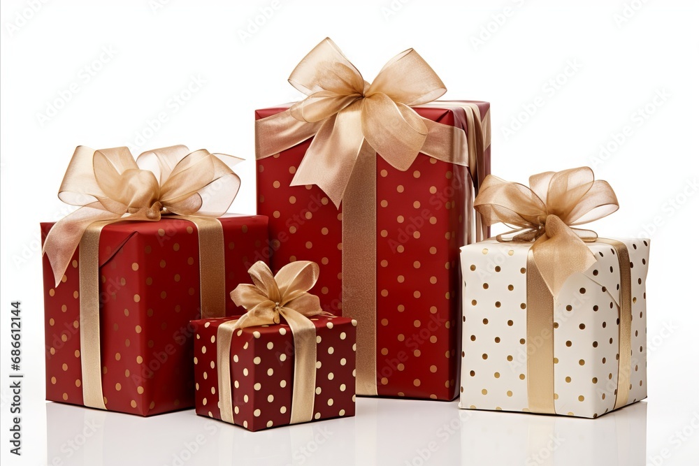 assorted red and white gift wrapped presents with red and gold ribbon bows on white background assorted red and white gift wrapped presents with red and gold ribbon bows on white background