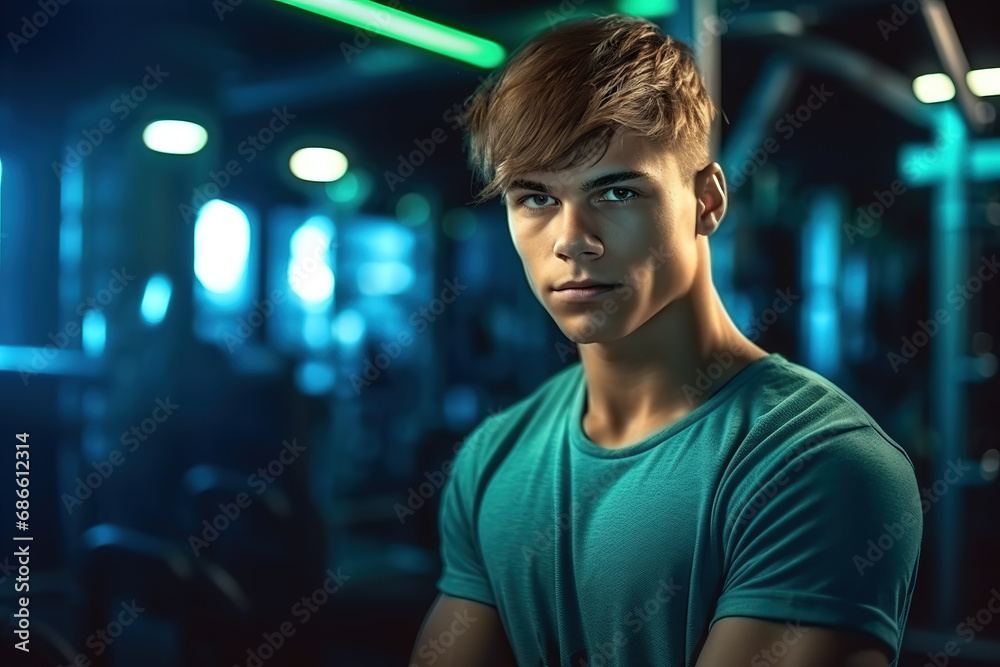 Portrait of handsome sporty boy holding hands crossed folded looking at camera in the gym.