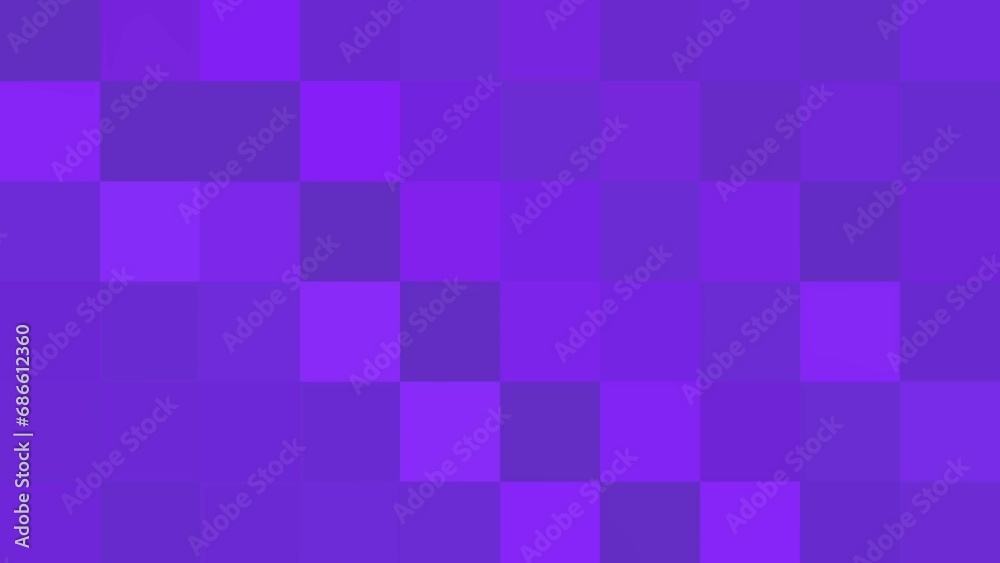 Geometric animated pattern in purple shades. Flashing lavender purple violet square shapes. Pulsing pixels animation loop. Abstract pixelated gradient background 4K, copy space. Mosaic backdrop banner