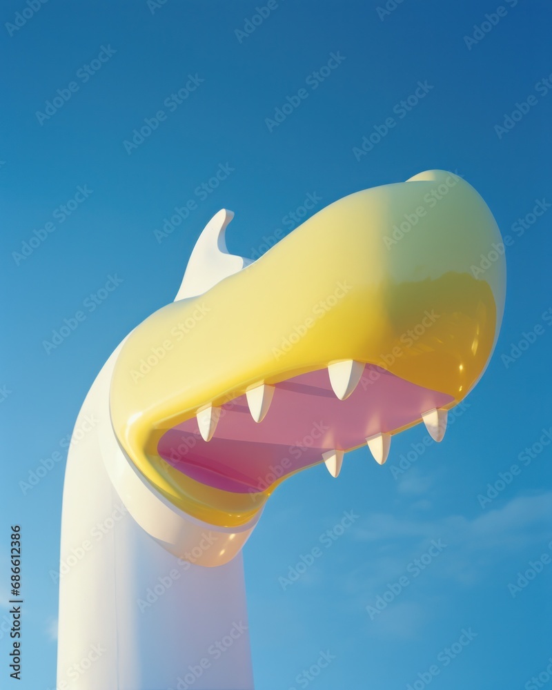 Fototapeta premium Modern artistic rendition of a crocodile's mouth in bright, abstract colors against a blue sky