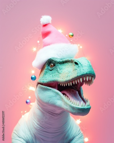 Laughing dinosaur with a santa hat adorned with sparkling christmas ornaments and bright lights