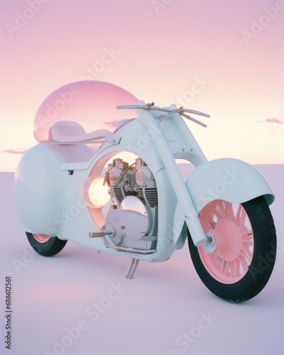 A vintage-inspired motorcycle in white with soft pink highlights parked under a gently colorful sunset photo