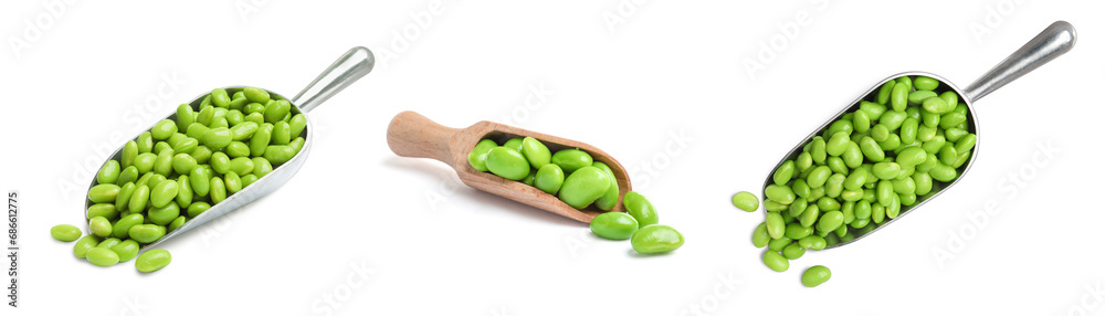 Scoop with fresh edamame soybeans isolated on white, set Scoop with fresh edamame soybeans isolated on white, set