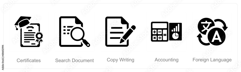 A set of 5 Hard Skills icons as certificates, search document, copy writing A set of 5 Hard Skills icons as certificates, search document, copy writing