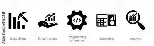 A set of 5 Hard Skills icons as data mining, data analysis, programming languages