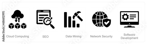 A set of 5 Hard Skills icons as cloud computing, seo, data mining