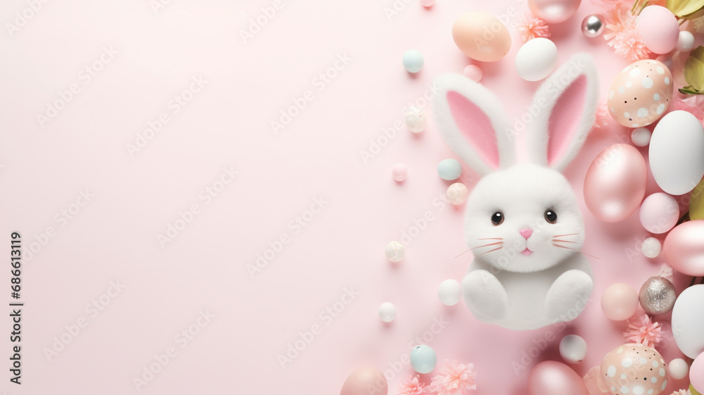 Easter eggs in pastel colors flatlay copy space background for product placement mockup decorated with spring flowers and herbs. Easter eggs in pastel colors flatlay copy space background for product placement mockup decorated with spring flowers and herbs.