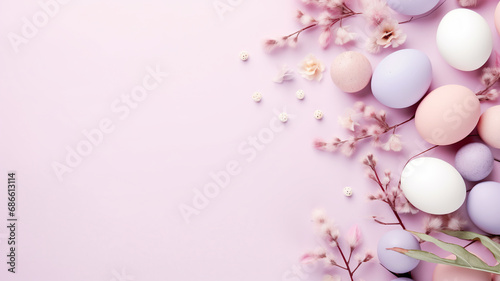 Easter eggs in pastel colors flatlay copy space background for product placement mockup decorated with spring flowers and herbs.