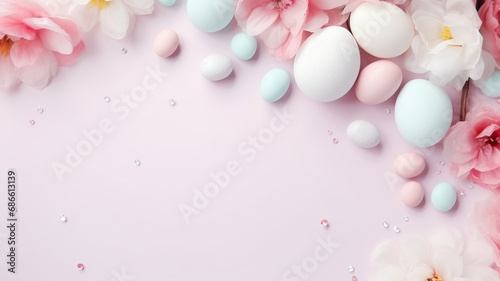 Easter eggs in pastel colors flatlay copy space background for product placement mockup decorated with spring flowers and herbs.