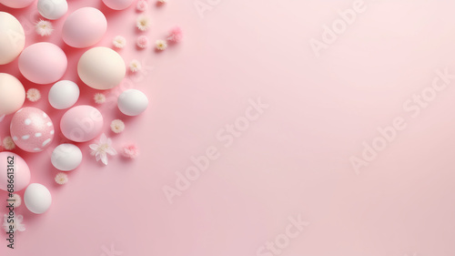Easter eggs in pastel colors flatlay copy space background for product placement mockup decorated with spring flowers and herbs.