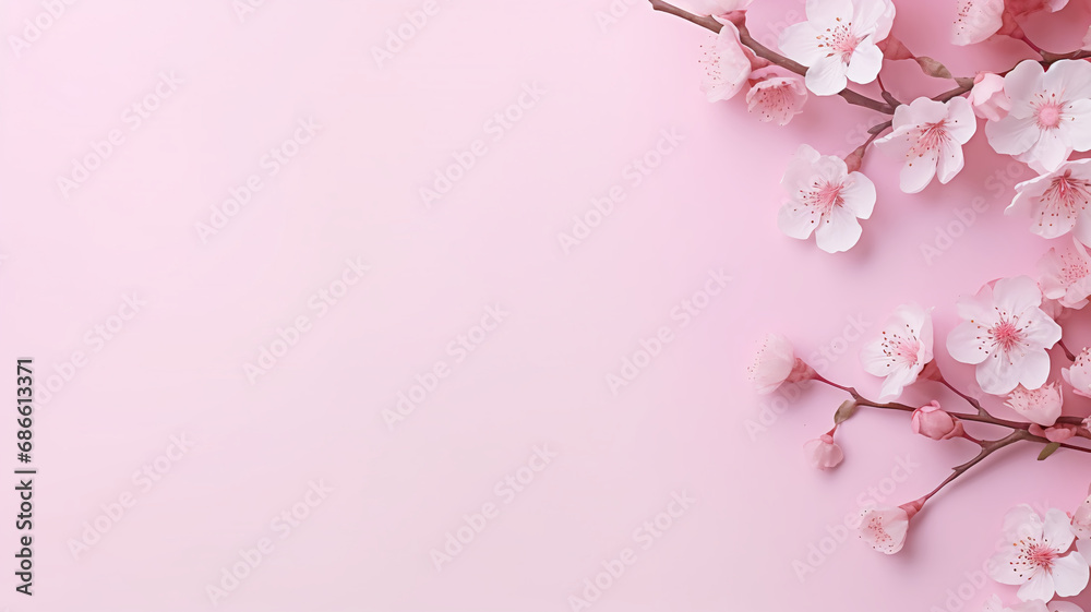 Spring sakura. cherry blossom in pastel colors flatlay copy space banner background for product placement mockup decorated with spring flowers and herbs.