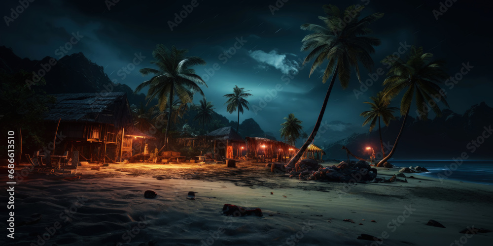 Naklejka premium Tropical beach at night with palms and bungalows. Seascape. Generative AI