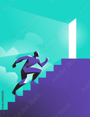 A man runs up the stairs towards the open door emanating divine light
