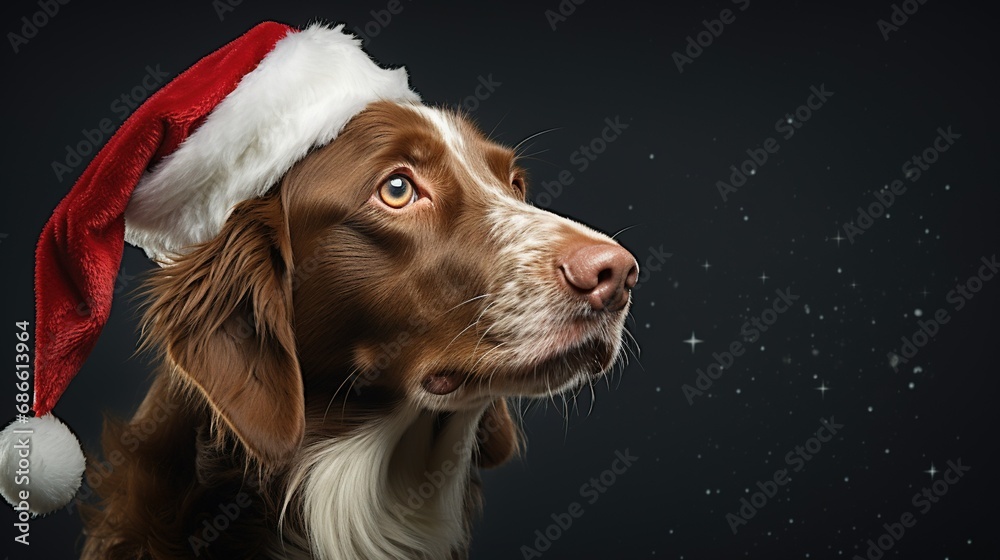 Dog in Santa hat against gradient gray background. Copy space.
