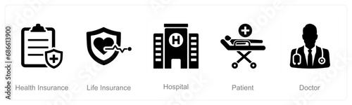 A set of 5 Health Checkup icons as health insurance, life insurance, hospital