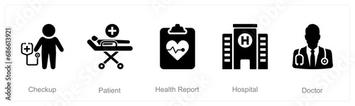 A set of 5 Health Checkup icons as checkup, patient, health report