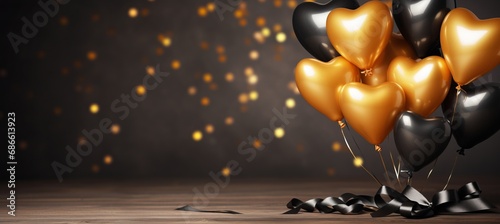 Golden and black metallic balloons with confetti and ribbons, perfect for festive events
