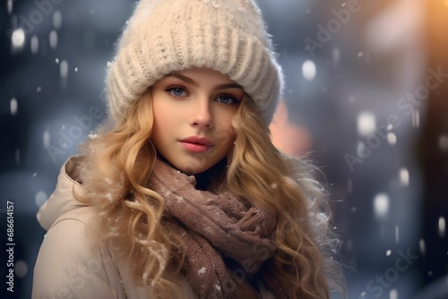 Captivating Winter Fashion Woman, captivating image, trendy clothing, delicately blurred background, style