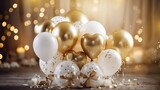 Festive card with metallic balloons and confetti on blurred background, ideal for special events