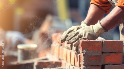 Close-up of the hands of the builder in gloves laying a layer of bricks. A professional at work. Illustration for cover, interior design, banner, poster, brochure, advertising, marketing, presentation