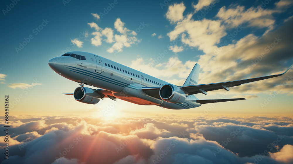 A passenger airplane flies above the clouds in the rays of the setting sun A passenger airplane flies above the clouds in the rays of the setting sun
