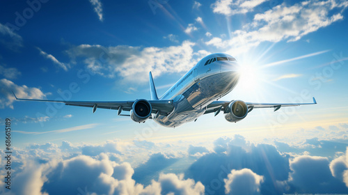 A passenger airplane flies above the clouds in the sunlight 