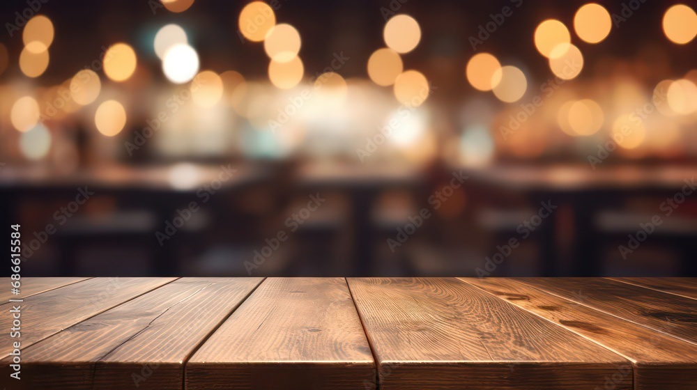 empty Wooden table or wooden desk of bar and free space for your decoration mockup, product display, restaurant background bar background, generative AI - obrazy, fototapety, plakaty 