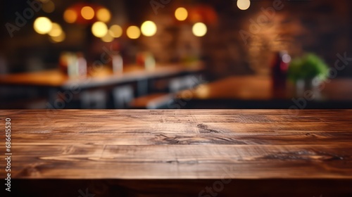 Fototapeta Naklejka Na Ścianę i Meble -  empty Wooden table or wooden desk of bar and free space for your decoration mockup, product display, restaurant background bar background, generative AI
