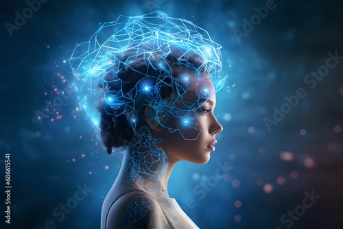 Captivating Human Profile Hologram Fusion, captivating scene, digital brain, interconnected network circuit, synergy