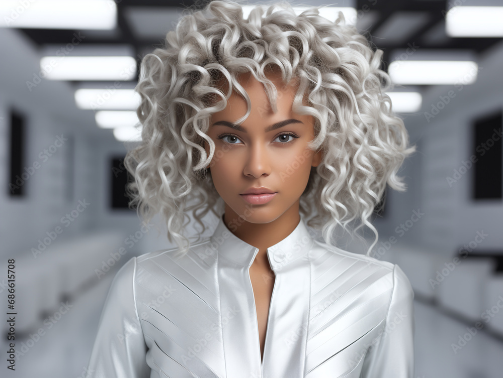Portrait of young adult successful african american business woman, manager, business consultant, in fashion silver suit, sitting at workplace at the office, looking at camera, smiling Portrait of young adult successful african american business woman, manager, business consultant, in fashion silver suit, sitting at workplace at the office, looking at camera, smiling