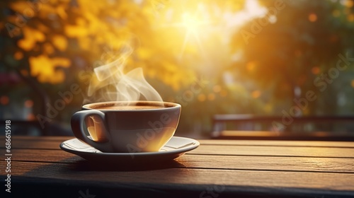 Steaming cup of freshly brewed coffee on table with blurred background and copy space