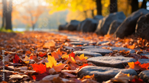 Fall leaves scattered across stone path in park, Capturing essence of autumn, Warm hues of orange, red, yellow, and crispiness of leaves, AI Generated