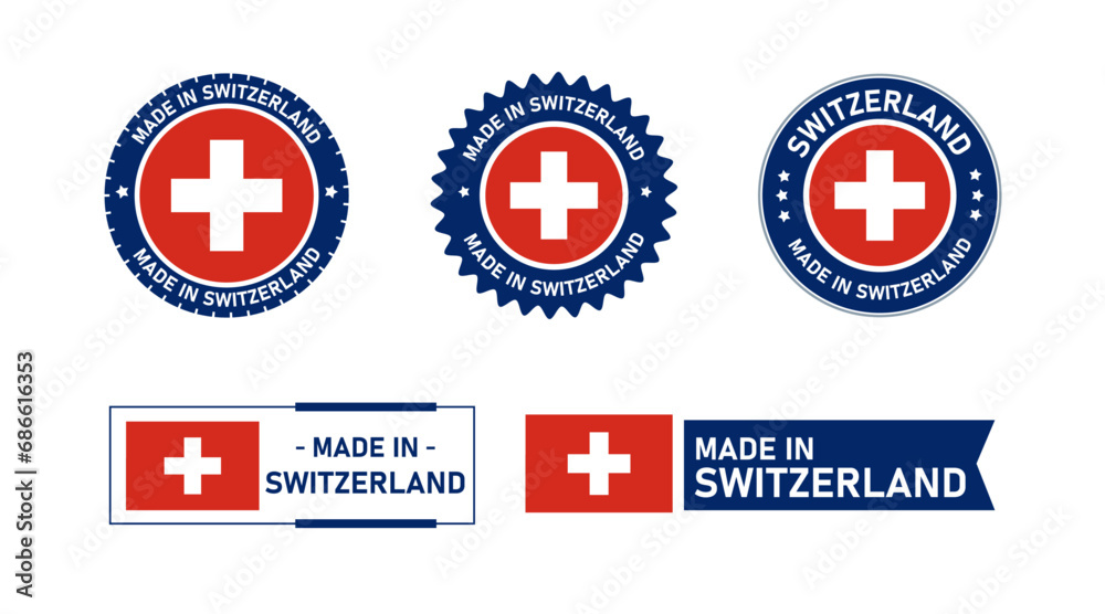 Naklejka premium Switzerland, Made in Switzerland. Tag, Seal, Stamp, Flag, Icon vector