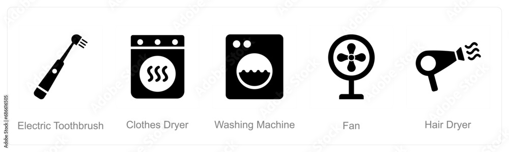 A set of 5 Home Appliance icons as electric toothbrush, clothes dryer, hair dryer A set of 5 Home Appliance icons as electric toothbrush, clothes dryer, hair dryer