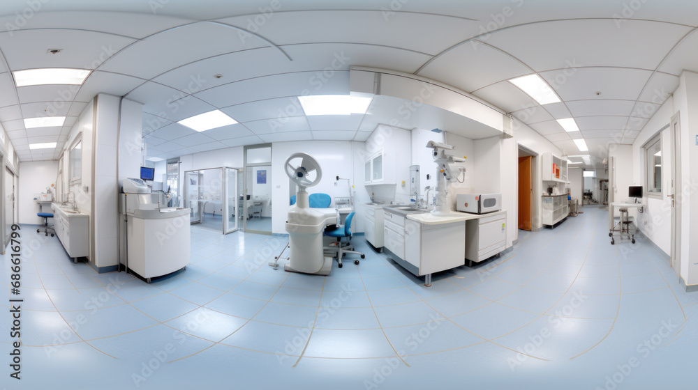 pseudo 360 Hospital interior design with operating table and lamp with cabinets and modern devices with air conditioning split system in light surgery room pseudo 360 Hospital interior design with operating table and lamp with cabinets and modern devices with air conditioning split system in light surgery room