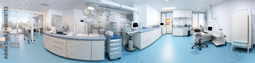 pseudo 360 Hospital interior design with operating table and lamp with cabinets and modern devices with air conditioning split system in light surgery room