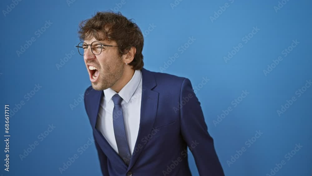 Frustrated young man in business suit, seething with anger and aggression, screams out his fury. a stark portrait of rage, isolated on a blue background. Frustrated young man in business suit, seething with anger and aggression, screams out his fury. a stark portrait of rage, isolated on a blue background.