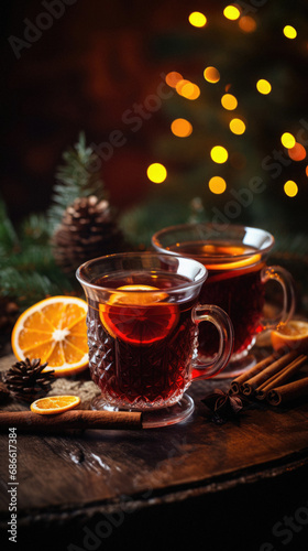 Two cups of hot mulled wine with spices on a wooden table with Christmas tree in the background.