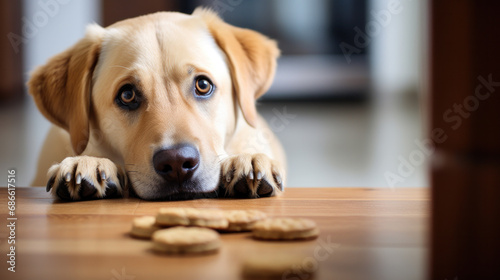 Natural treats for pets. dried meat products to feed and motivate dogs. the dog in the background looks with interest.