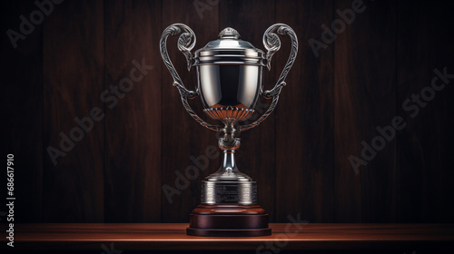 Elegant trophy against dark backdrop placed on weathered wooden table, Capturing contrast of textures and trophy's reflective surface, AI Generated