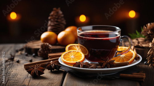 Mulled wine with spices on a wooden background.