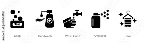 A set of 5 Hygiene icons as soap, hand wash, wash hand