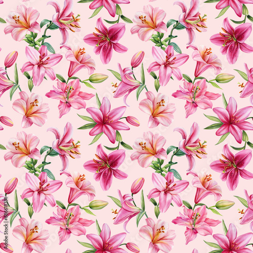 Flowers watercolor illustration, Seamless pattern lilies pink flower on isolated pink background, Hand drawn Lily flora