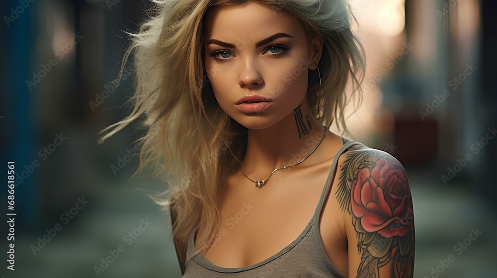 Dynamic posing a woman with tattoos, light hair, intense gaze, street style realism, strong sense of light. generative AI - obrazy, fototapety, plakaty 