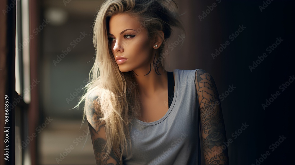 Dynamic posing a woman with tattoos, light hair, intense gaze, street style realism, strong sense of light. generative AI Dynamic posing a woman with tattoos, light hair, intense gaze, street style realism, strong sense of light. generative AI