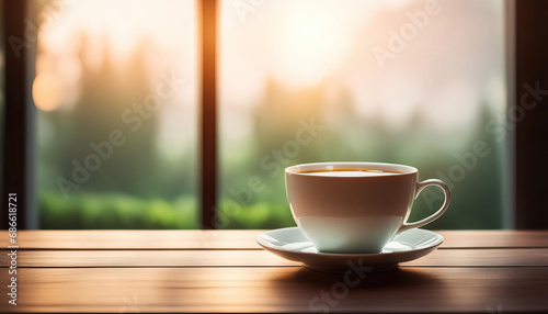 A cup of tea by the spring or summer window with copy space