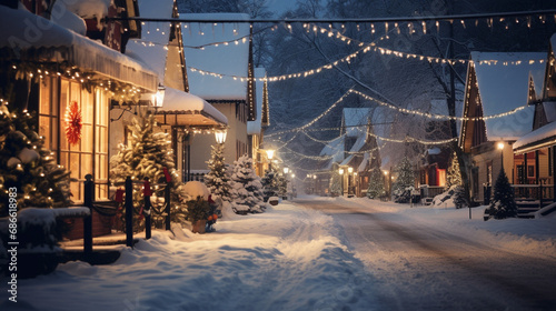 Snowy village scene with houses adorned with Christmas lights and decorations, Happy New Year banner across main street, Capturing traditional winter holiday setting, AI Generated