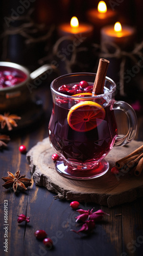 Mulled wine with spices and orange on a wooden background. Selective focus.