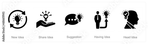 A set of 5 Idea icons as new idea, share idea, suggestion